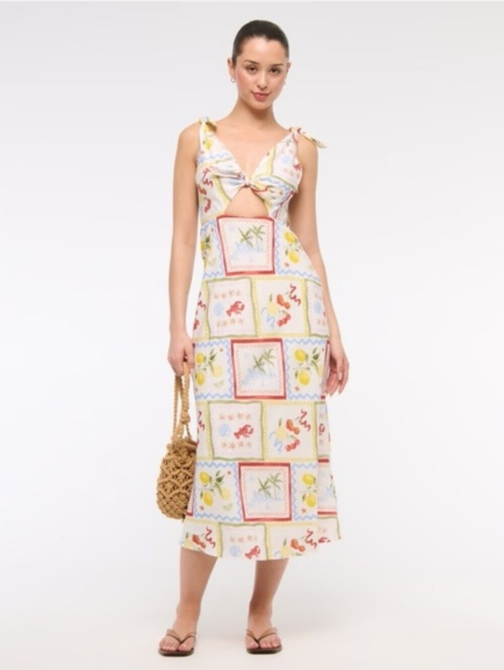 Abercrombie & Fitch Tie Front Scarf Midi Dress Lobster Palm Tree Print S